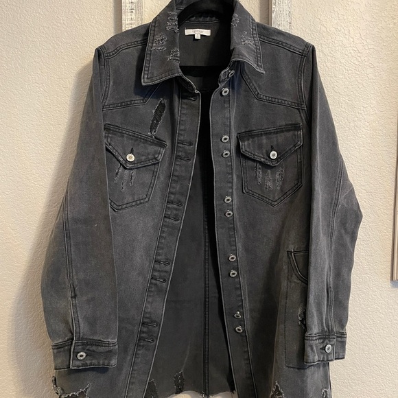 Charcoal Distressed Long Sleeve Denim Shirt Jacket - Picture 7 of 8